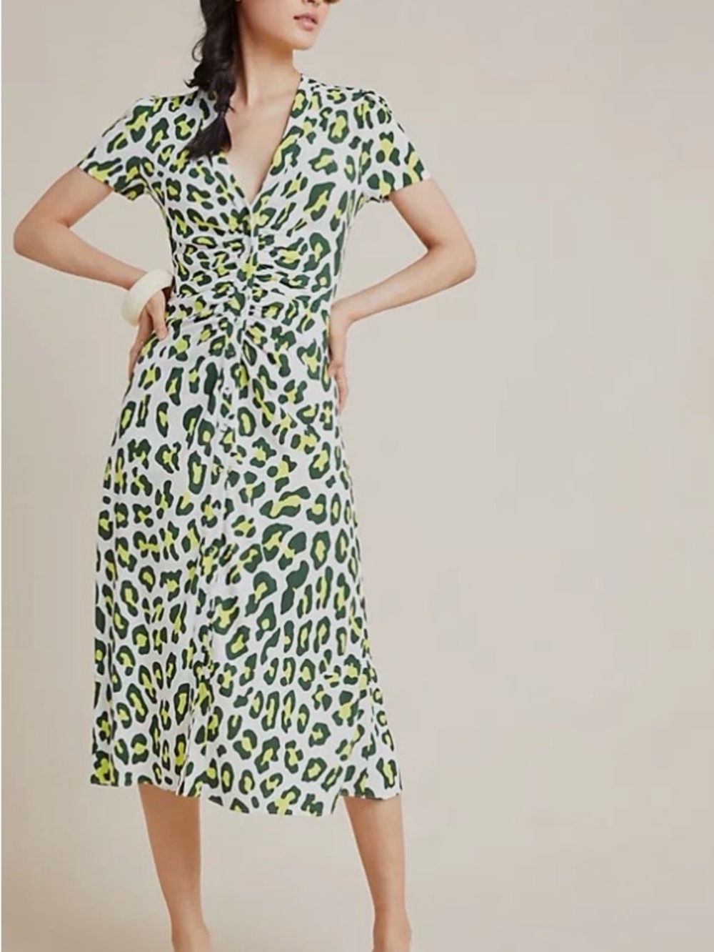 Diane Von Furstenberg White Dress with Lime & Dark Green Leopard Print